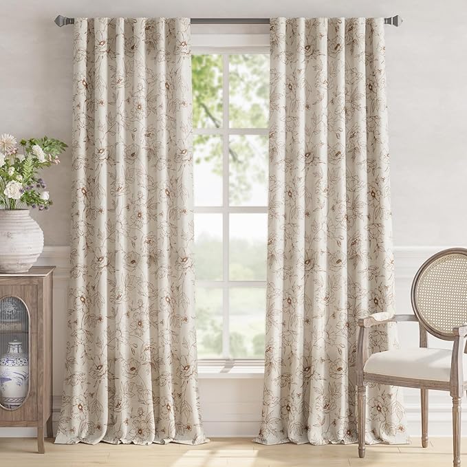jinchan Floral Linen Curtains for Living Room 96 Inch Length Brown Flower Curtain Rod Pocket Back Tab Farmhouse Curtains with Printed Floral Bedroom Window Curtain Set, 2 Panels Brown - Image 2