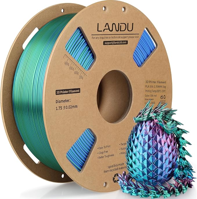 LANDU Silk Tri-Color PLA Filament 1.75mm 1Kg, Triple Color Silk PLA Filament, Silk Rainbow PLA Filament, Neatly Wound 3D Printer Filament, 3 in 1 Multi Color Filament +/-0.02mm, Silk Red Blue Green by LANDU