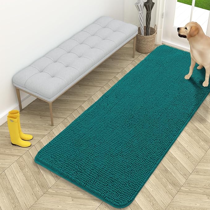 OLANLY Dog Door Mat for Muddy Paws 59x24, Absorbs Moisture and Dirt, Absorbent Non-Slip Washable Doormat, Quick Dry Chenille Mud Mat for Dogs, Entry Indoor Entryway Carpet for Inside Floor, Lake Blue by OLANLY