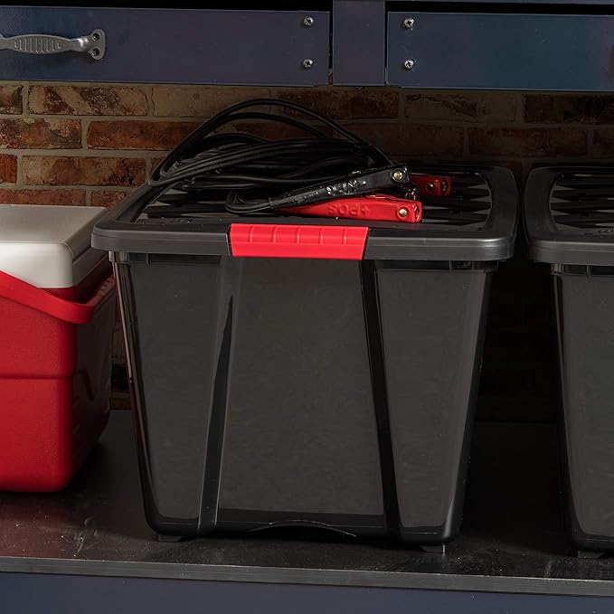 IRIS USA 51 L (54 QT) Plastic Storage Box with Lid and Latches - 4 Pack - BPA-Free, Garage Organizing Solution, Durable Nestable Stackable Containers, Secure Pull Handle - Black - Image 4