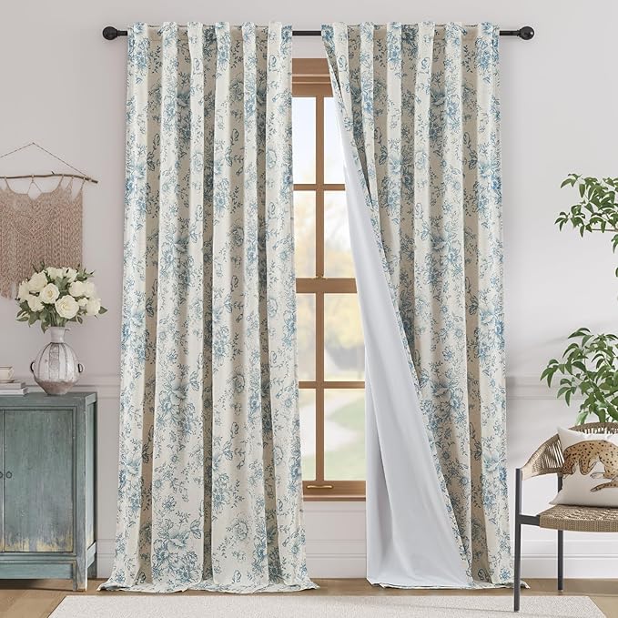jinchan Blackout Linen Blend Curtain Floral Blackout Curtains for Living Room 96 Inch Length Blue Printed with Lined Blackout Curtain for Bedroom Farmhouse Curtains Set 2 Panels by JINCHAN