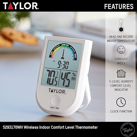Taylor Digital Wireless Indoor Comfort Level Thermometer and Hygrometer, Easy-to-Read Display for Home, Office, Greenhouse, Nursery, and Indoor Areas, White - Image 5