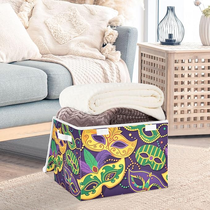 xigua Mardi Gras Mask Storage Bins with Lids and Carrying Handle,Foldable Storage Boxes Organizer Containers Baskets Cube with Cover for Home Bedroom Closet Office - Image 5