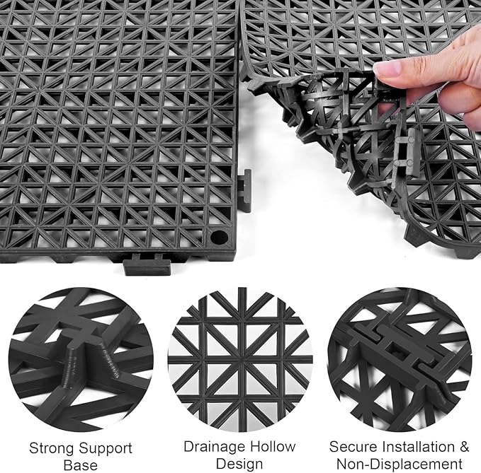 MYFAMIREA Modular Interlocking Cushion 24 Pack 11.8" x 11.8" Rubber Floor Tiles Non-Slip Splicing Drainage Mats for Deck, Pool, Outdoor Shower, Patio, Balcony, Indoor Bathroom, Kitchen, Yard (Black) - Image 4
