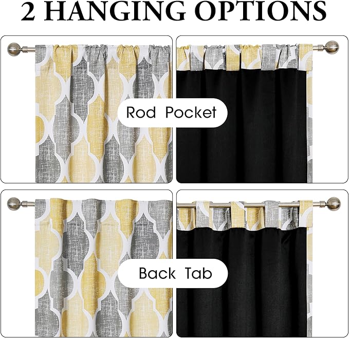 Beauoop 100% Blackout Curtains 63 Inches Long 2 Panels for Bedroom Living Room Yellow Grey Moroccan Geo Room Darkening Thermal Insulated Soundproof Rod Pocket Back Tab Window Treatments Drapes, 50x63 - Image 2