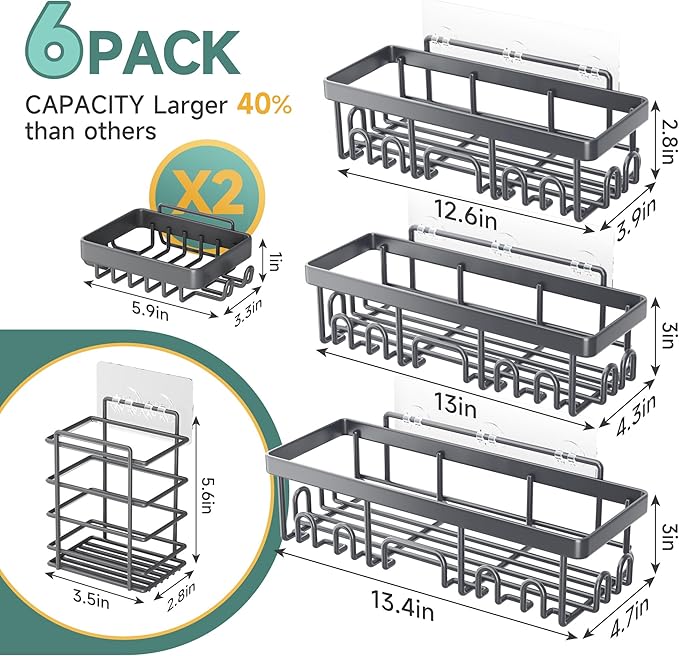Veken Rustproof & Waterproof Shower Caddy 6-Pack, No Drilling Adhesive Shelves Rack with Soap Holder, Large Capacity Bathroom Organizers and Storage, Wall-Mounted Kitchen & Home Decor, Dark Grey - Image 7