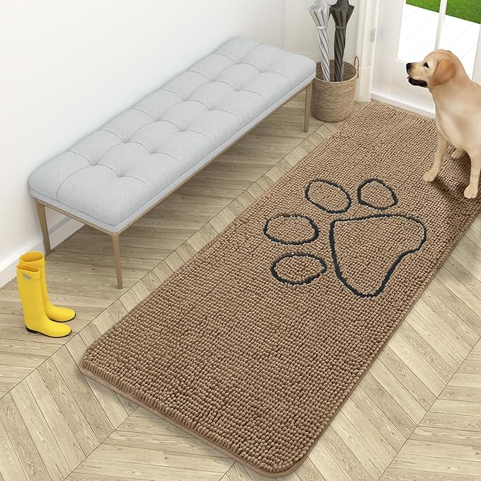 OLANLY Dog Door Mat for Muddy Paws 59x24, Paw Print Design, Absorbs Moisture and Dirt, Absorbent Non-Slip Washable Doormat, Quick Dry Chenille Mud Mat for Dogs, Entry Indoor Entryway Carpet, Tan by OLANLY
