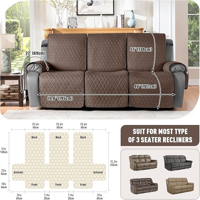 TAOCOCO 100% Waterproof Recliner Cover, Non-Slip Washable Reclining Couch Cover with Elastic Leg Straps, Furniture Protector for Dogs (Brown, 3 Seater) - Image 3