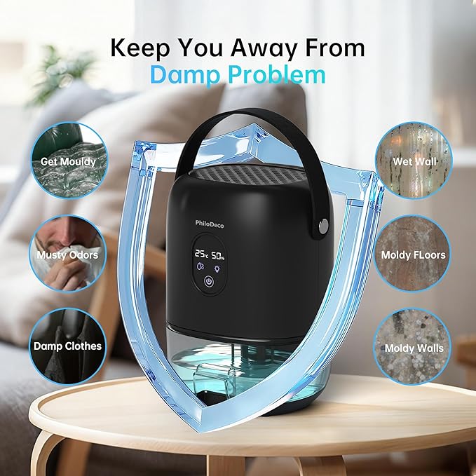 PHILODECO 280 Sq. Ft 35 OZ Dehumidifier, Portable Small Dehumidifiers for Bedroom, Bathroom, Basement,RV with CO mode, Sleep mode, Auto Shut Off, 7 Colorful Lights, Black - Image 5