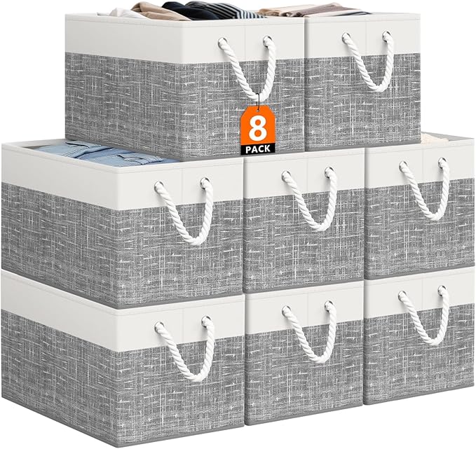 Storage Bin,Collapsible Storage Basket For Organizing,Large Storage Boxes With Rope Handles,Storage Containers,White & Grey,8 Pack by StorageTastic