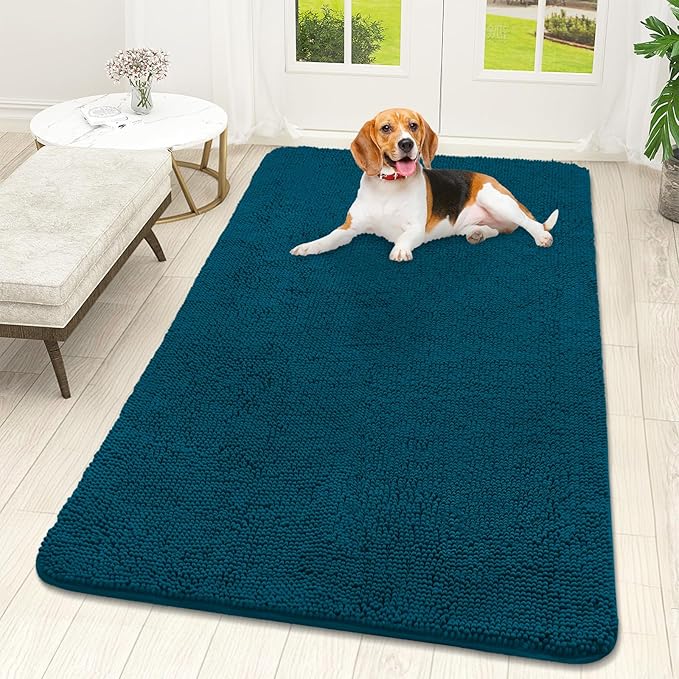 OLANLY Dog Door Mat for Muddy Paws 59x32, Absorbs Moisture and Dirt, Absorbent Non-Slip Washable Doormat, Quick Dry Chenille Mud Mat, Entry Indoor Entryway Carpet for Inside Floor, Atlantic Blue by OLANLY