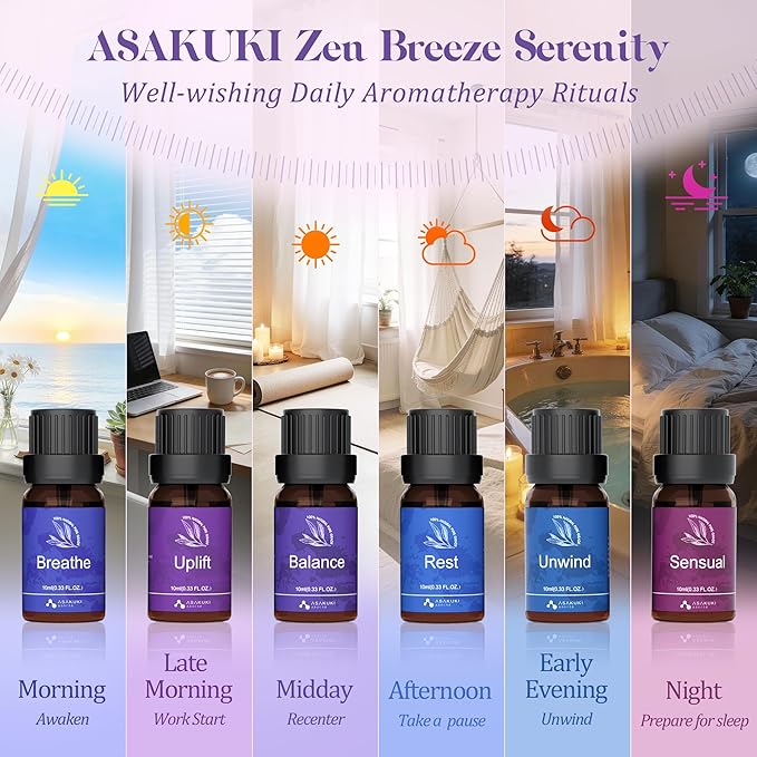 ASAKUKI Essential Oils for Diffuser – 6 Mood Essential Oil Blends (Breathe, Uplift, Sensual, Balance, Unwind, Rest) for Morning to Night Rituals, Home & Daily Use - Image 2