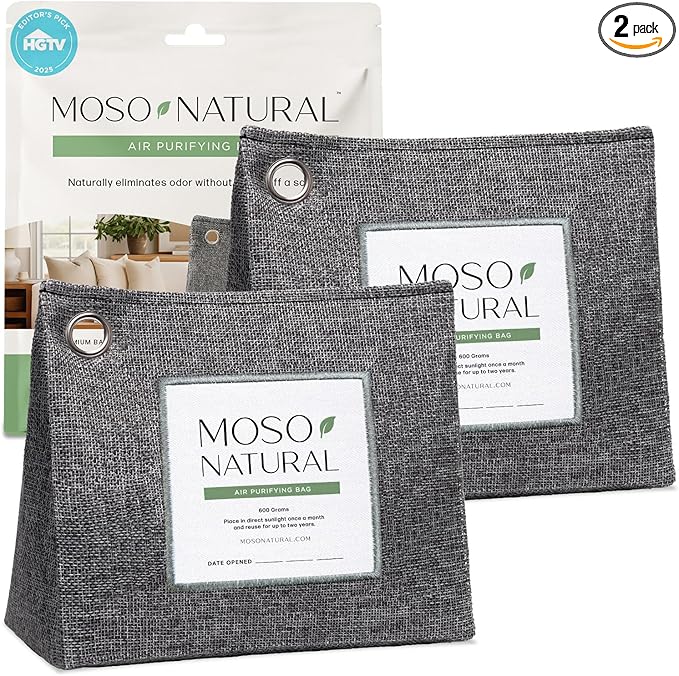 Moso Natural Air Purifying Bag 600g, Premium Bamboo Charcoal Odor Absorber, Room Deodorizer for Large Spaces, Bedroom, Kitchen, Basement, Pet Odor Eliminator for Home, 21oz Charcoal Bags (2 Pack) by MosoNatural