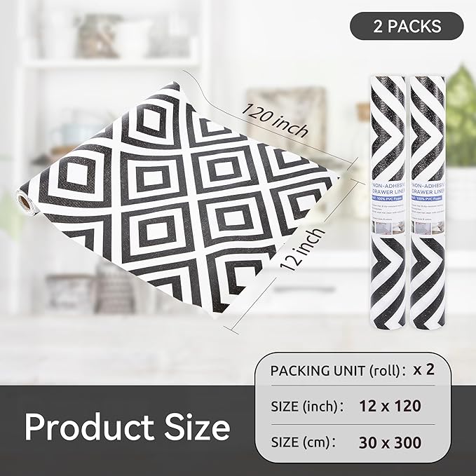 FIFTY FEET 12"x120" Non-Adhesive Shelf Liner for Kitchen Cabinets and Drawers, Washable Non-Slip PVC Cabinet Liner (Black Plaid)(2 Roll) - Image 5