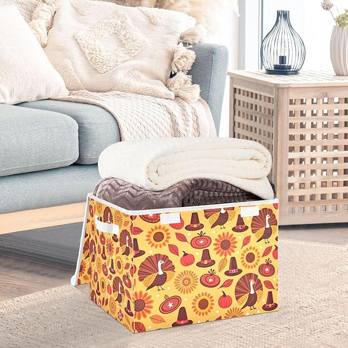 xigua Thanksgiving Sunflower Turkey Storage Bins with Lids and Carrying Handle,Foldable Storage Boxes Organizer Containers Baskets Cube with Cover for Home Bedroom Closet Office - Image 5