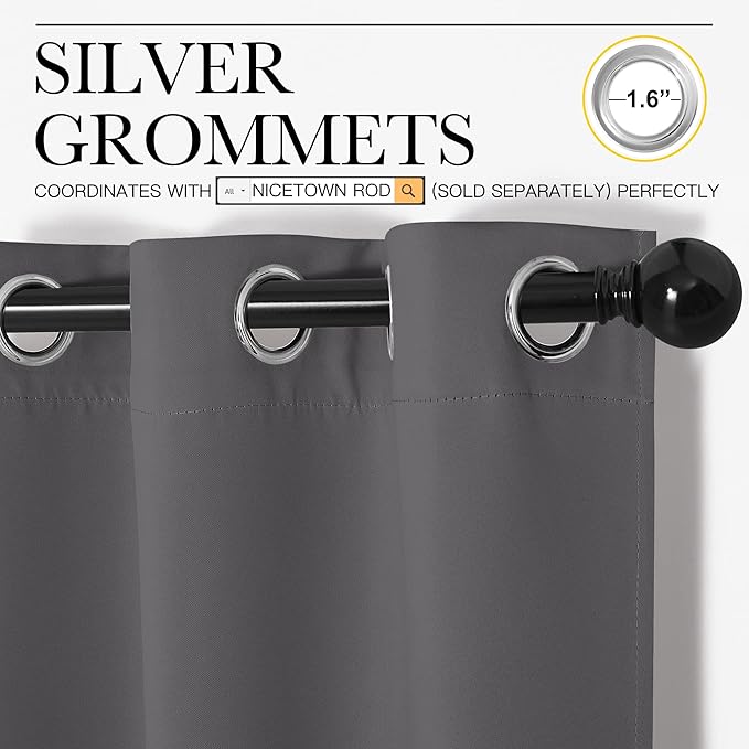 NICETOWN Grey Blackout Curtain Panels for Bedroom, 2 Panels, W55 x L57-inch, Grey, Thermal Insulated Grommet Top Blackout Draperies and Drapes for Basement - Image 2