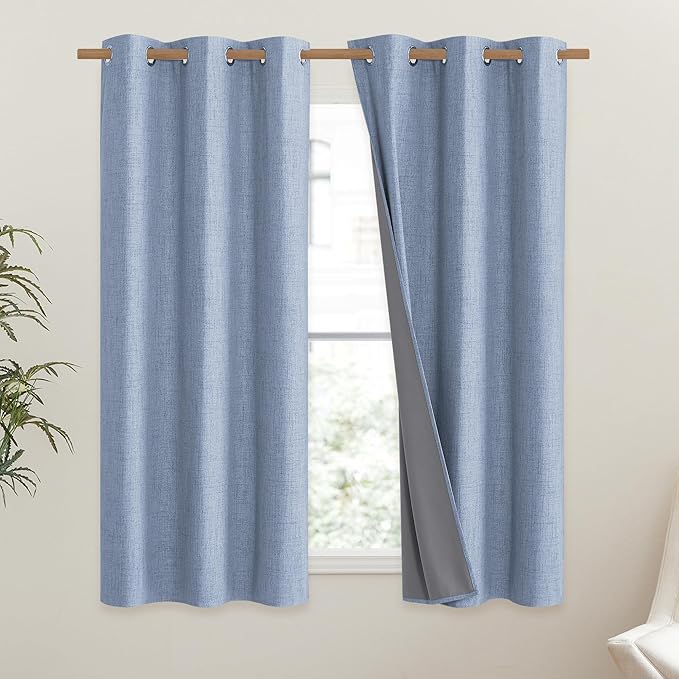 NICETOWN Stone Blue Vintage Linen 100% Blackout Curtains for Dining Room, Thermal Insulated Curtains 45" Long, Noise Reducing Window Treatment Drapes for Kitchen, 42" Wide Per Panel, Set of 2 - Image 2