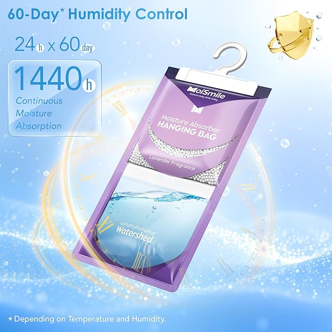 Moisture Absorbers 10 Pack Lavender Fragrance, Hanging Closet Dehumidifier Bags, Humidity Absorber, Compact Eliminates Odors Humidity Packs for Car, Bathroom, Bedroom, Basement, 9.8OZ - Image 5