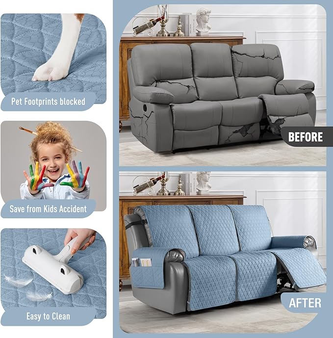 TAOCOCO 100% Waterproof Recliner Cover, Non-Slip Washable Reclining Couch Cover with Elastic Leg Straps, Furniture Protector for Dogs (Sky Blue, 3 Seater) - Image 2