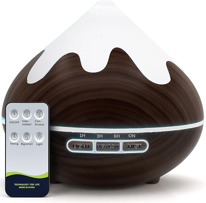 500ML Essential Oil Diffuser, Aromatherapy Diffuser with Remote Control, Multifunctional Air Diffusers for Home Office Room, Fragrance Aroma Diffuser with 7 Color LED & 2 Mist Mode, Dark Brown - Image 9