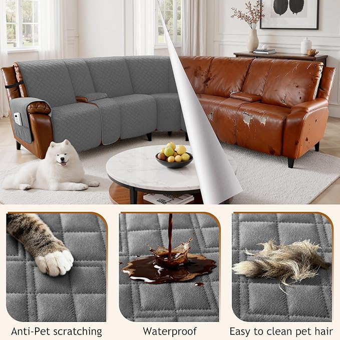 Arfntevss Waterproof Recliner Sectional Couch Covers for Reclining L Shape Sofa Cover Non Slip Washable L Shaped Slipcover Sets for Dog Furniture Protector (5 Seat with 2 Console Cover, Dark Gray) - Image 6