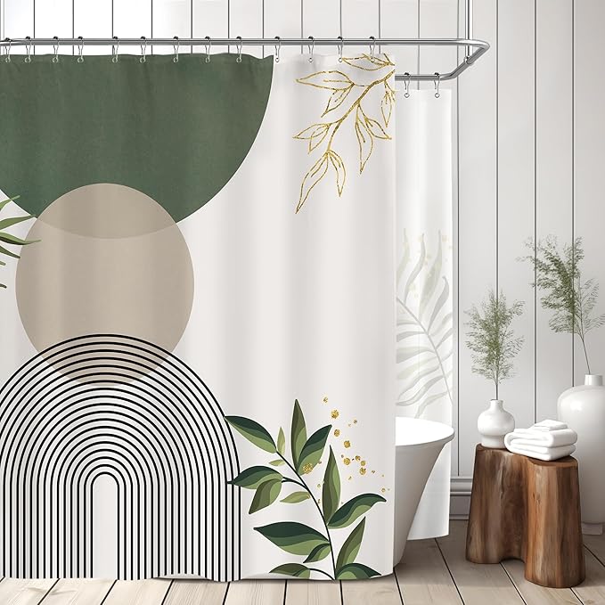 Extra Wide Boho Shower Curtain 180Wx70H Wrap Around Clawfoot Tub Curtain Sage Green Modern Bohemian Abstract Gold Leaves Mid Century Bathroom Decor Minimalist Bath Fabric Polyester 32 Pack Hook by MitpokBrand