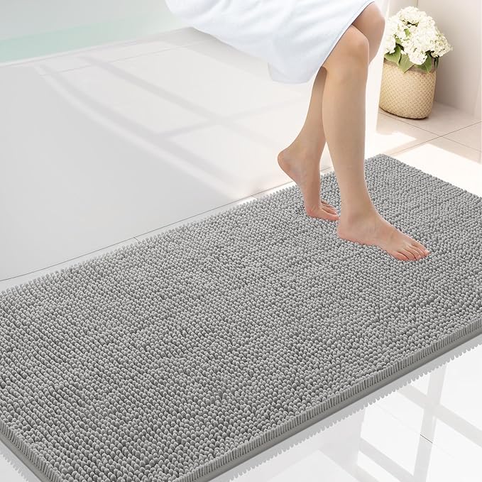 Smiry Luxury Chenille Bathroom Rugs 44x24, Extra Soft and Absorbent Shaggy Bath Mat, Machine Washable, Non-Slip Plush Carpet Runner for Tub, Shower, and Floor, Home Decor Accessories, Light Grey by Smiry