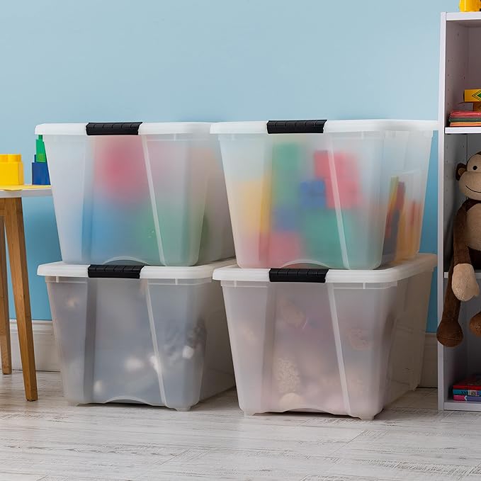 IRIS USA 54 QT Plastic Storage Box with Lid and Latches - 4 Pack - BPA-Free, Discreet Organizing Solution, Durable Nestable Stackable Containers, Secure Pull Handle - Pearl - Image 4