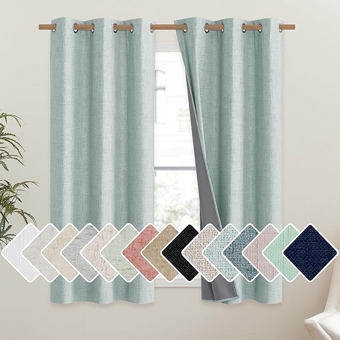 NICETOWN 100% Absolutely Blackout Linen Curtains with Thermal Insulated White Liner, Seafoam Green, 42 inches Wide, 63 inches Length Energy Saving Curtains for Kitchen 2 Panels Set, Vertical Blinds by NICETOWN