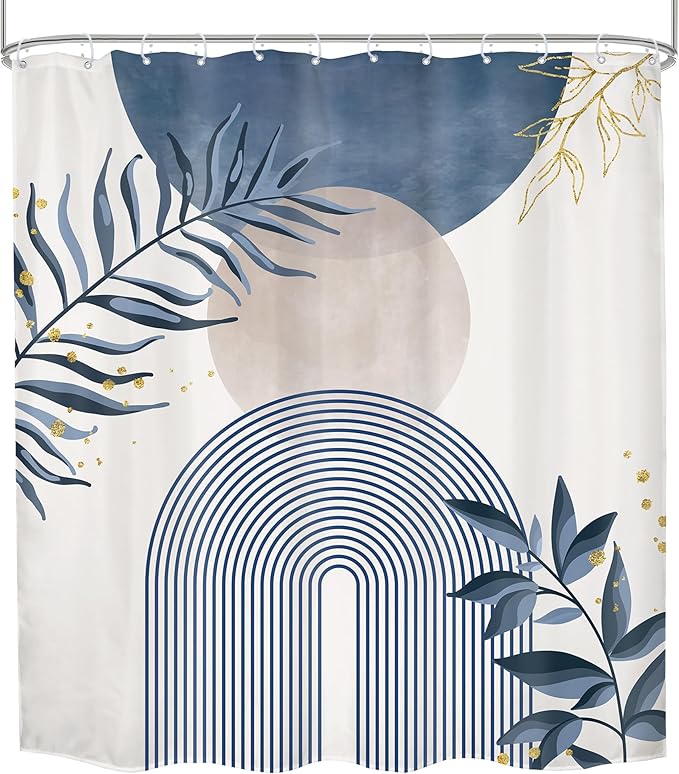 Navy Blue Boho Shower Curtain 72Wx78H Grey Modern Bohemian Abstract Leaves Plant Botanical Mid Century Minimalist Bathroom Decor Geometric Neutral Bath Curtain Fabric Polyester 12 Pack Hooks - Image 7
