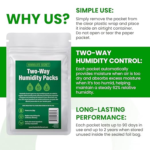 Humboldts Secret 62% Humidity Packs RH 2-Way | Moisture Control Packets for Herbs, Spices, and Cigars with Resealable Bag | Natural Two Way Humidity Control for Fresh Storage | Pack of 10 - Image 5