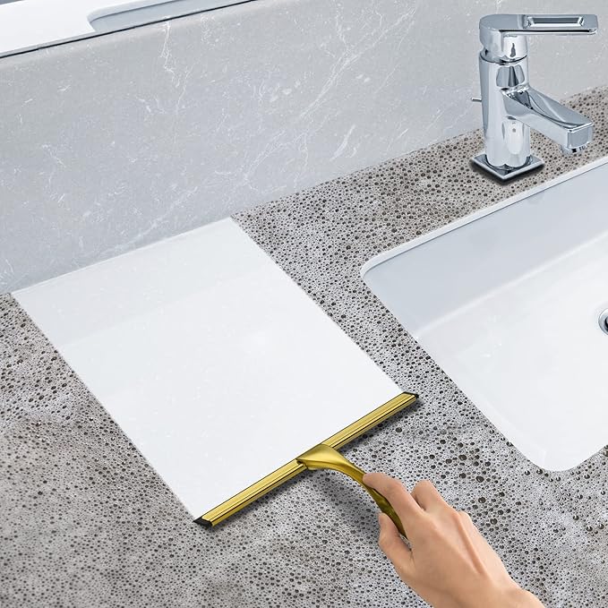All-Purpose Stainless Steel Shower Squeegee for Shower Doors with 2 Adhesive Hooks, Bathroom Cleaner Tool Household Window Mirror Squeegee for Home Cleaning, Glass Door, Tile Wall, Car, 12 Inch Golden - Image 5