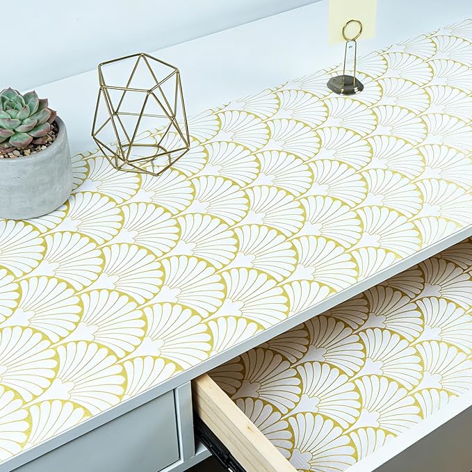 Shelf Liners Non Adhesive Gold Background White Fan-Shaped Pattern - Thickened Non-Slip Easy to Clean Drawer Liner for Kitchen Cabinets, Tool Box,Refrigerator,with Knife & Tape Measure,12in x 10FT - Image 9
