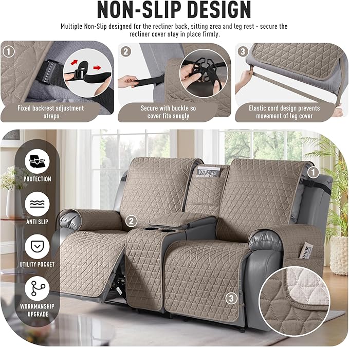 TAOCOCO 100% Waterproof Loveseat Recliner Couch Sofa Covers with Console,Double Reclining Couch Cover Non-Slip Sofa Slipcovers Washable,Furniture Protector Covers for Kids,Pets(2 Seater,Taupe) - Image 5