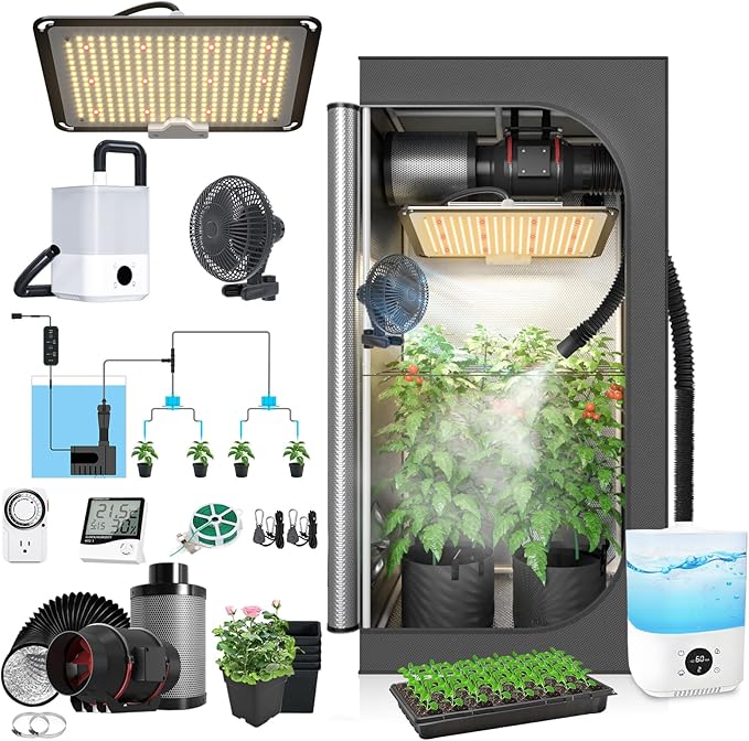 Upgrade Integrated Auto 2'X2' Grow Tent Kit Complete System, S1000 LED Grow Light, Grow Tent with 4“Ventilation Kit, Inline Fan&Carbon Filter, Irrigation Kit, Humidifier and Clip Fan by TopoGrow