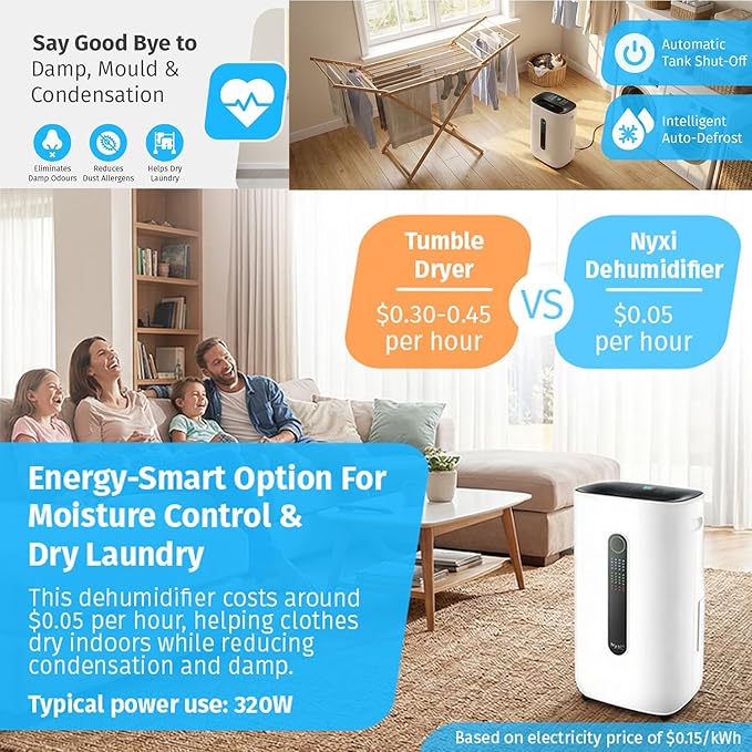 Nyxi 4,500 Sqft / 50 Pints Compressor Dehumidifier, Smart Digital Humidity Control, XL Water Tank 1.7 Gallon, Drain Hose Option, 24-Hour Timer, Removes Moisture for Home, Laundry, Office - Image 5