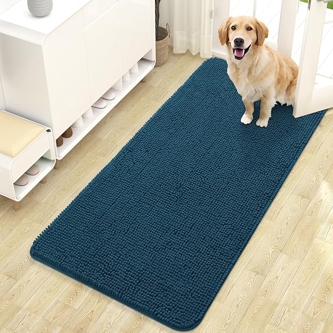 OLANLY Dog Door Mat for Muddy Paws 47x24, Absorbs Moisture and Dirt, Absorbent Non-Slip Washable Doormat, Quick Dry Chenille Mud Mat, Entry Indoor Entryway Carpet for Inside Floor, Atlantic Blue by OLANLY