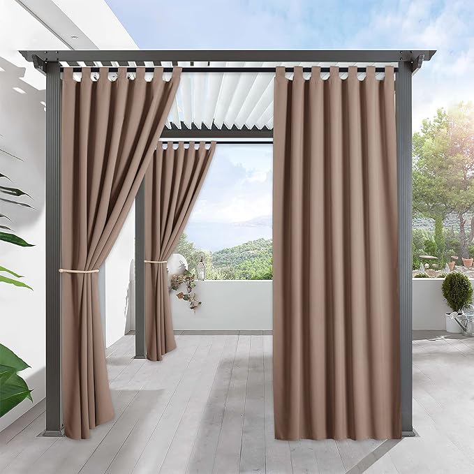 RYB HOME Outdoor Curtains for Patio Waterproof Tab Top Block Sunlight Thermal Insulated Privacy Assured Thick Outside Curtains for Deck, Balcony, Pool, W52 x L108, Mocha, 1 Panel by RYBHOME