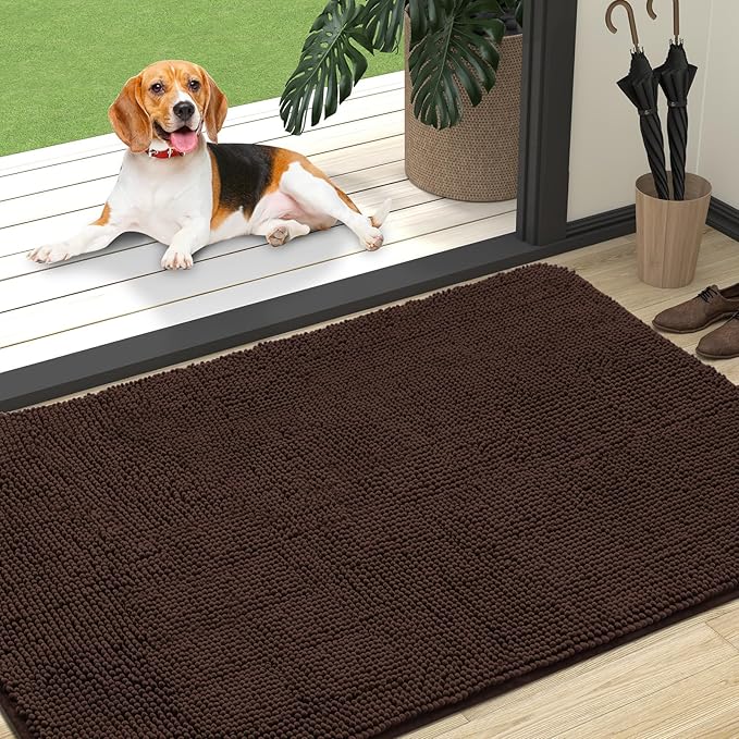 OLANLY Dog Door Mat for Muddy Paws 47x32, Absorbs Moisture and Dirt, Absorbent Non-Slip Washable Doormat, Quick Dry Chenille Mud Mat for Dogs, Entry Indoor Entryway Carpet for Inside Floor, Brown by OLANLY