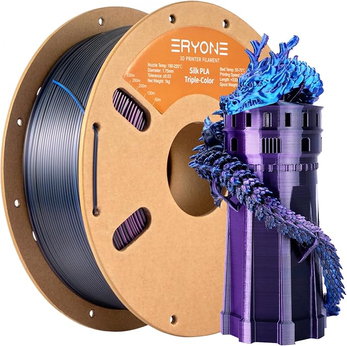 ERYONE Silk Tri Color PLA Filament 3D Printer 1.75mm +/- 0.03mm, Multicolor Filament Tricolor PLA 1KG(2.2lbs) Cardboard Spool, Blue Purple Black by ERYONE