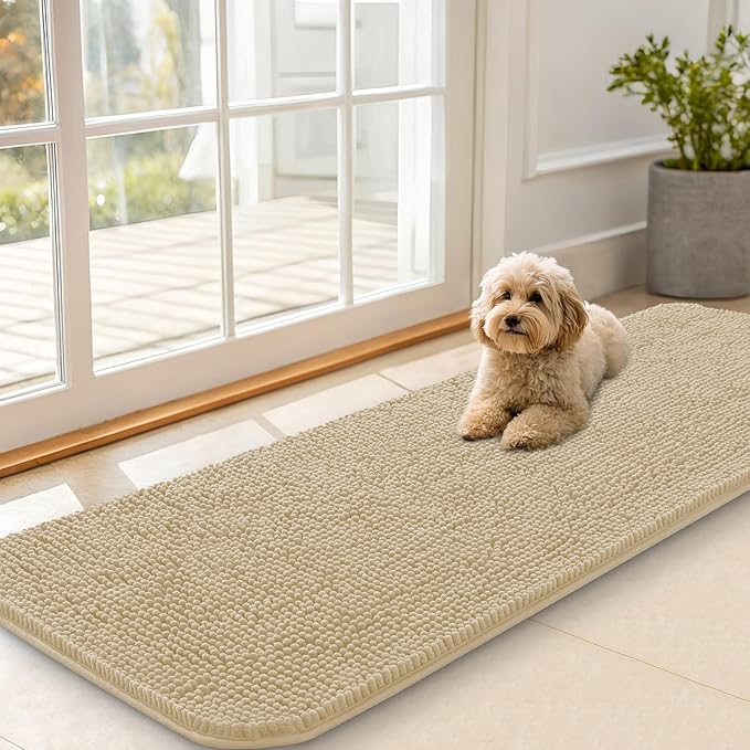 OLANLY Dog Door Mat for Muddy Paws 59x20, Absorbs Moisture and Dirt, Absorbent Non-Slip Washable Doormat, Quick Dry Chenille Mud Mat for Dogs, Entry Indoor Entryway Carpet for Inside Floor, Beige by OLANLY