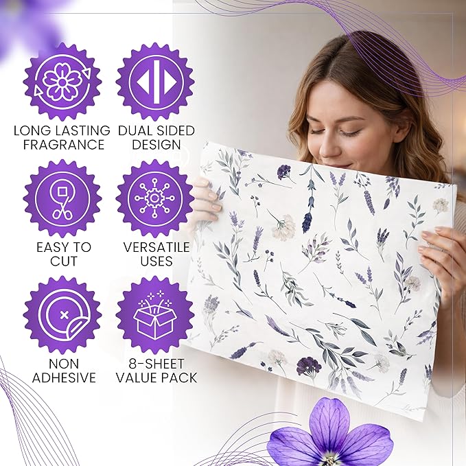 8X Lavender Scented Drawer Liners for Dresser - Scented Drawer Liner is Ideal for Cabinet, Dresser, Shelf, Cupboards - Double-Sided Pattern Non Adhesive Contact Paper for Shelves is Ideal Winter Gift - Image 2