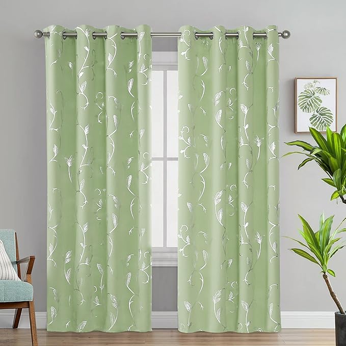BUHUA Blackout Curtains Silver Foil Print Flower Vine Grommet Drapes, Room Darkening Thermal Insulated Curtains, Noise Reducing Curtain for Bedroom, Grass Green, 52Wx72L, 2 Panels - Image 2