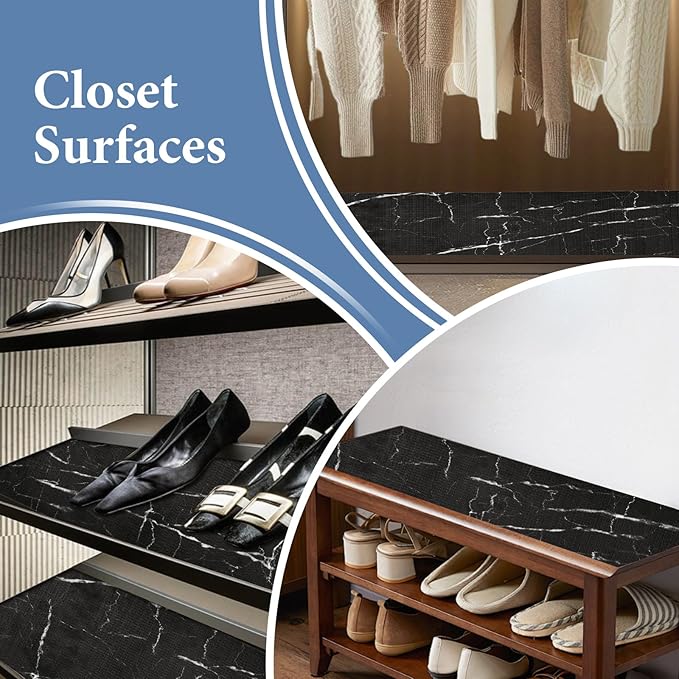 Drawer and Shelf Liner for Kitchen Cabinet: 17 in X 30 Ft Non Slip Waterproof Shelf Paper Non Adhesive Refrigerator Liners Black Marble Easy Liners for Bathroom with Knife Tape Measure - Image 7