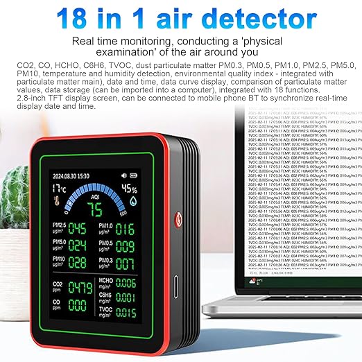 18 in 1 Air Quality Monitor Weytoll Smart Air Quality Tester Temperature and Humidity Meter with Color Screen for Home Office, Detect Indoor PM0.3 PM0.5 PM1.0 PM5.0 PM10 CO2 C6H6 TVOC - Image 4