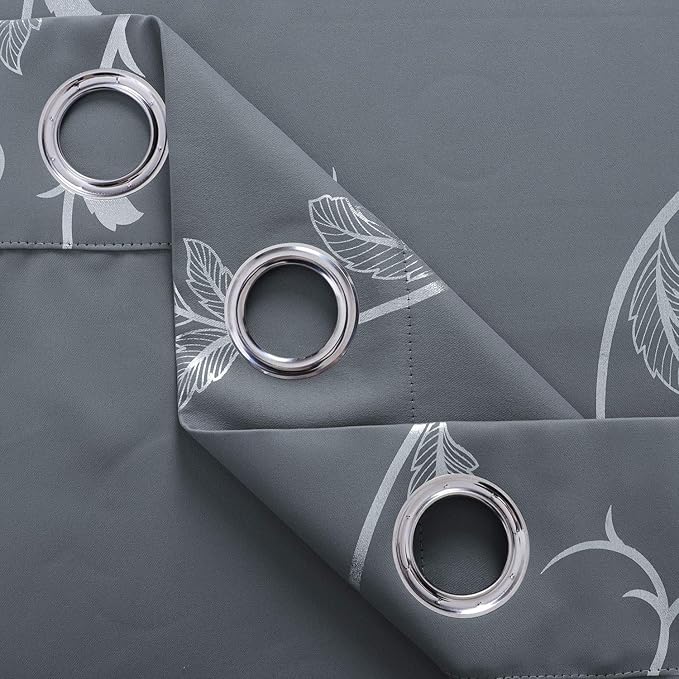 BUHUA Flower Print Blackout Curtains Thermal Insulated Window Curtains Silver Elegant Vine Pattern for Baby Room Light Grey 38W by 63L 2 Panels - Image 4