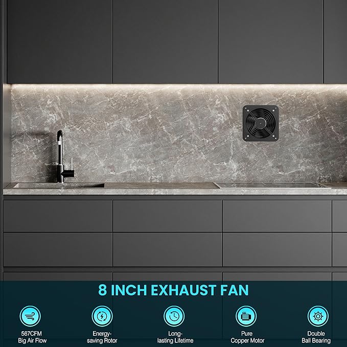 HG Power 8 Inch Exhaust Fan with Speed Controller, 567 CFM Kitchen Exhaust Fan with Damper, Metal Extractor Fan for Window, Attic, Ceiling, Basement Ventilation - Image 8
