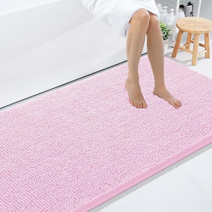 Smiry Luxury Chenille Bathroom Rugs 59x35, Extra Soft and Absorbent Shaggy Bath Mat, Machine Washable, Non-Slip Plush Carpet Runner for Tub, Shower, and Floor, Home Decor Accessories, Pink by Smiry