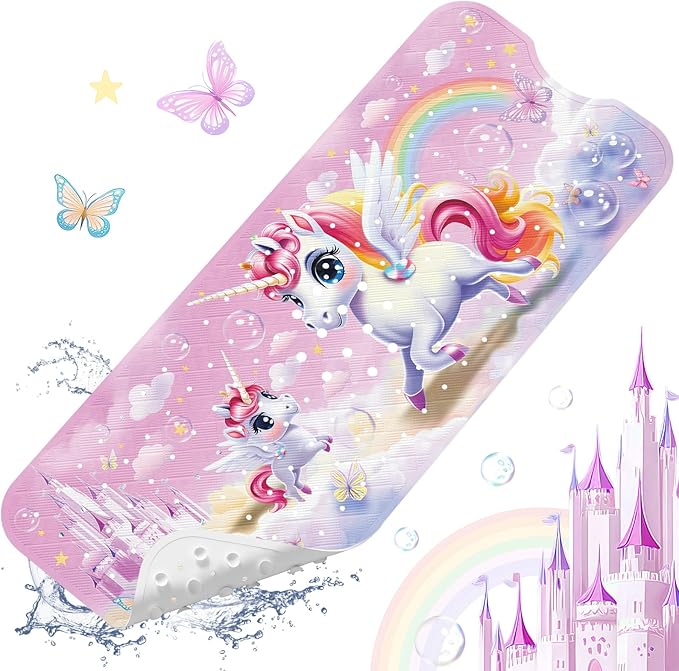 XIYUNTE Baby Bath Mat for Tub Non Slip Kids Bath Mat - 40''x16'' Extra Long Cartoon Bathtub Mat Non Slip Kids Shower Mat Eco-Friendly Toddler Bath Mats with Suction Cups, Machine Washable, Unicorn by XIYUNTE