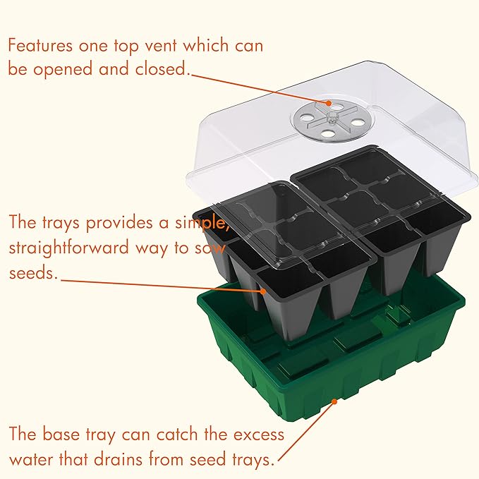 Gardzen 10-Set Garden Propagator Set, Black Seed Tray Kits with 120-Cell, Seed Starter Trays with Dome and Green Base 6.6" x 4.5" (12-Cell Per Tray) - Image 5